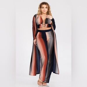 Plus Size Brown and Blue Straight Leg Three-Piece Set for Night Out